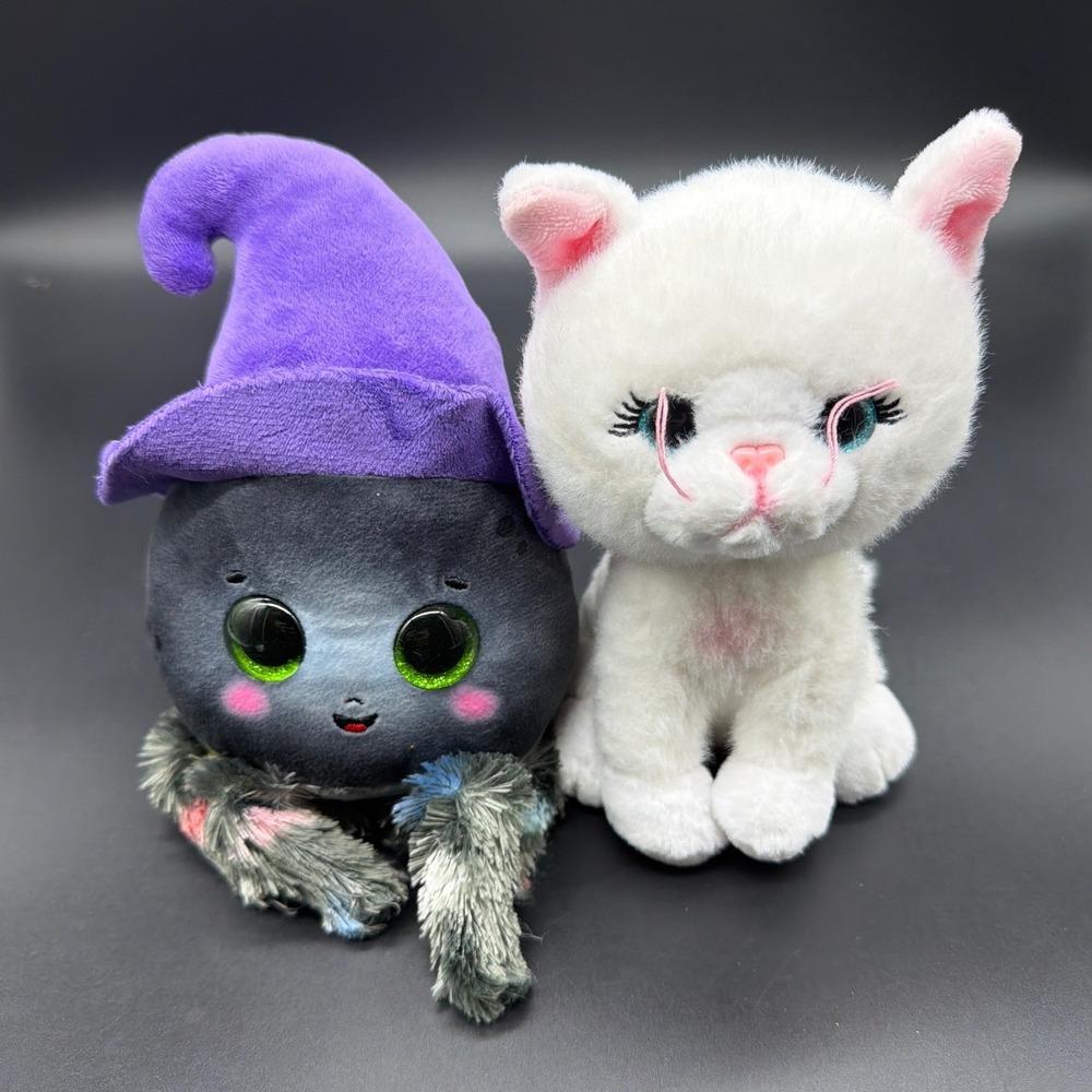 Ty Beanie Boos Halloween Hairy the Spider Witch Hat and White Cat Plush Set